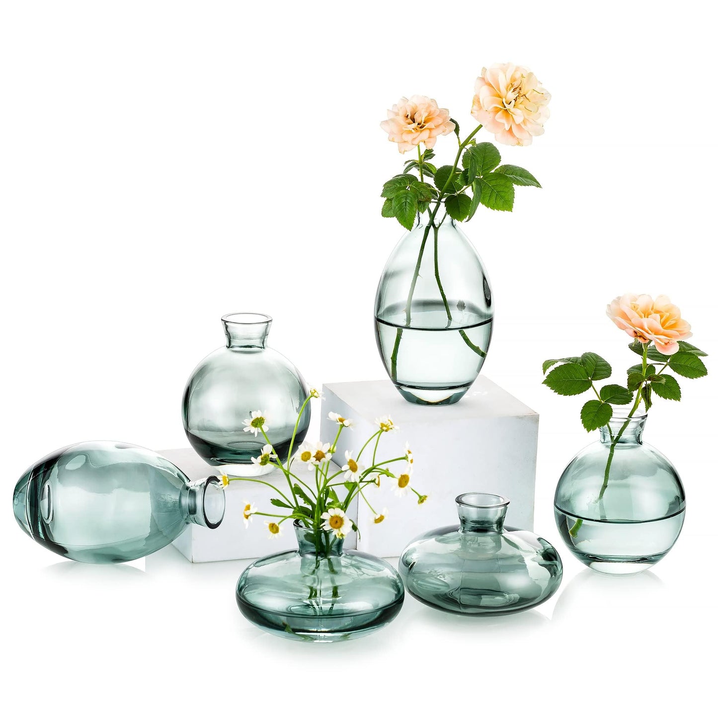 Small Glass Bud Vase for Centerpieces 6Pcs/2Sets Green Modern Small Mini Flowers Vases Short Minimalist Aesthetic Vintage Cute Handmade Tiny Wedding Table Centerpiece for Single Flower Rose