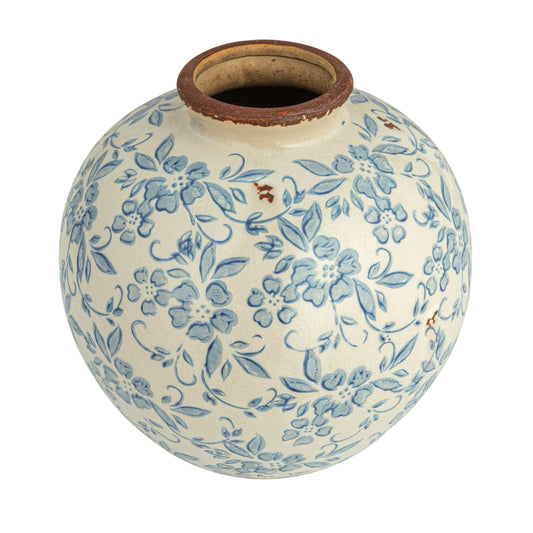 Creative Co-Op DF2720 8" H Terracotta Floral Transferware Pattern & Crackle Finish Vase Blue