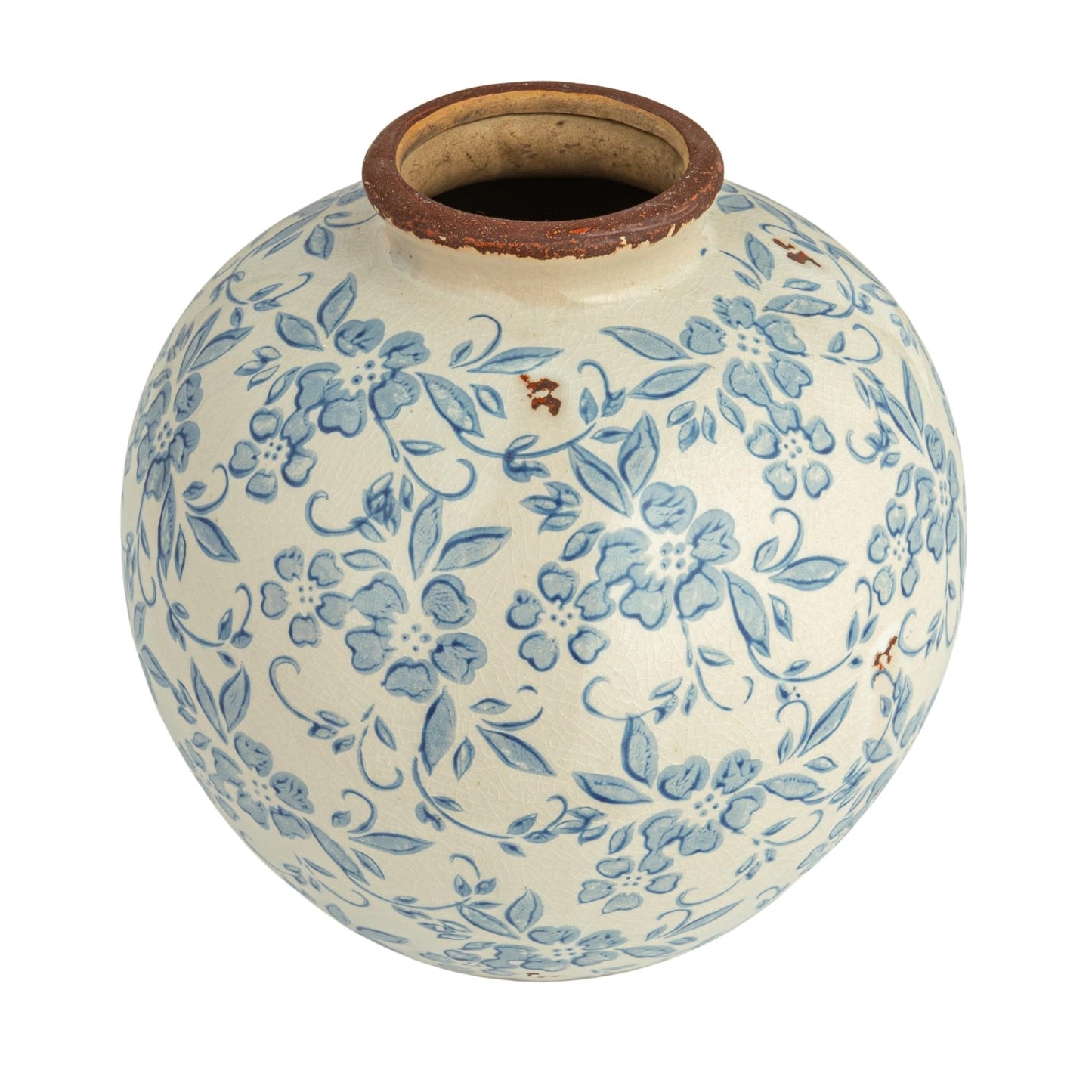 Creative Co-Op DF2720 8" H Terracotta Floral Transferware Pattern & Crackle Finish Vase Blue