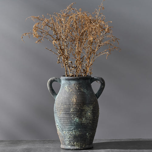 Vaseking Large Ceramic Rustic Vase with 2 Handles 9.8 inch Farmhouse Flower Vase Distressed Vase for Home Decor Living Room Shelf Decor Pampas Grass Enterway Table Decoration Black Green