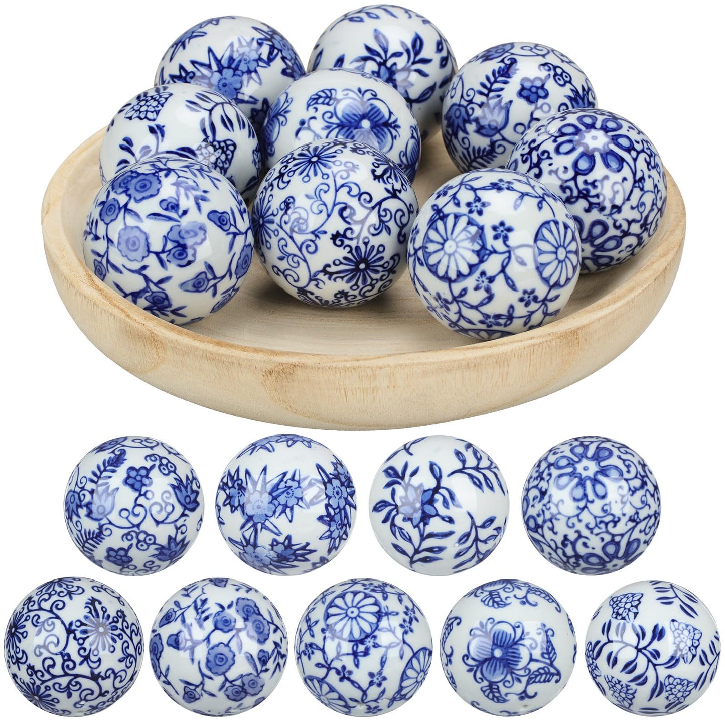 Vesici 9 Pcs Blue and White Porcelain Balls Decorative Chinoiserie Balls for Centerpiece Bowls China Ceramic Balls Farmhouse Basket Tray Vases Decoration Gifts for Dining Table Holiday(Leaf Style)