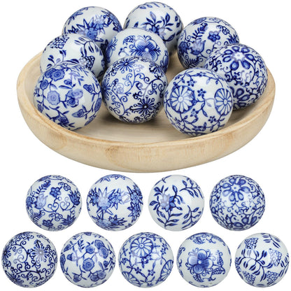 Vesici 9 Pcs Blue and White Porcelain Balls Decorative Chinoiserie Balls for Centerpiece Bowls China Ceramic Balls Farmhouse Basket Tray Vases Decoration Gifts for Dining Table Holiday(Leaf Style)
