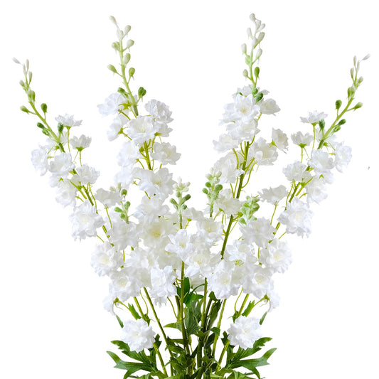 ZYTUYO 4PCS 33.5 White Delphinium Artificial Flower Faux Larkspur Long Stem Fake Floral Silk Bouquets Plant for Tall Floor Vase Spring Home Kitchen Wedding Outdoor Indoor Decoration